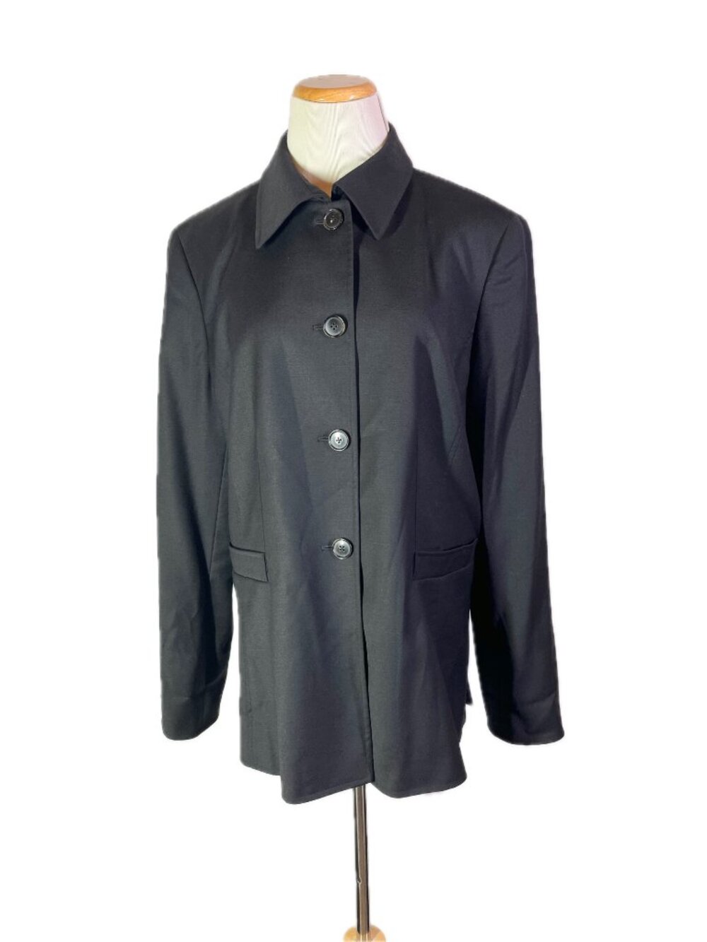 Vintage Ellen Tracy Size 14 Black Wool Button-Front Jacket Collared Lined